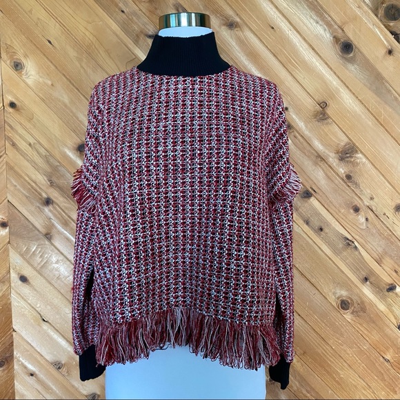 Zara Red Black Mock-Neck Tweed Fringe Pullover Sweater - Picture 9 of 9